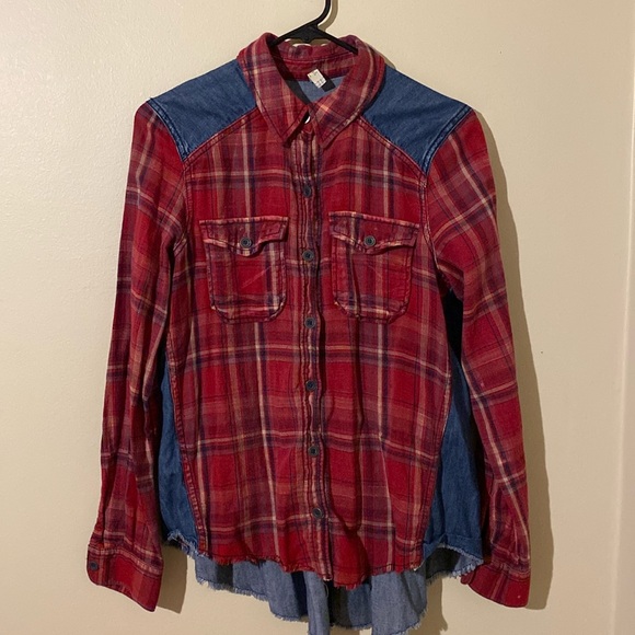 Free People Flannel Denim Button Down Shirt - Picture 2 of 10
